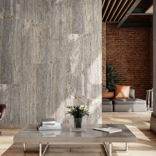 Living stile industrial con marmo travertino