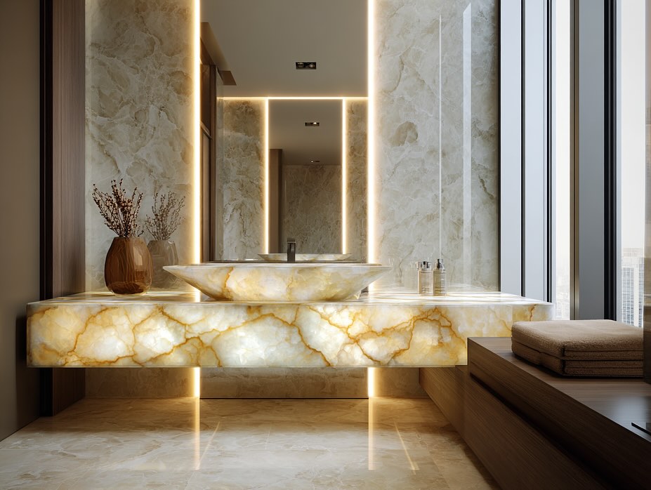 Bagno in onice bianco retroilluminato